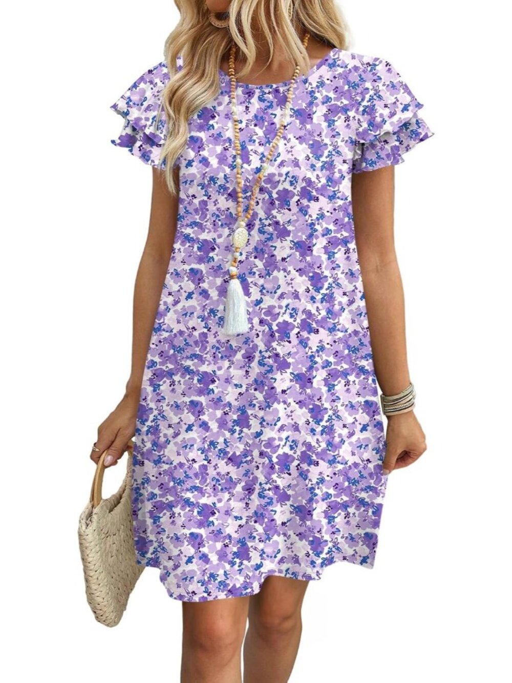 Women's Purple White Polyester Blend Cap Sleeve Crew Neck Pull On Mini Dress